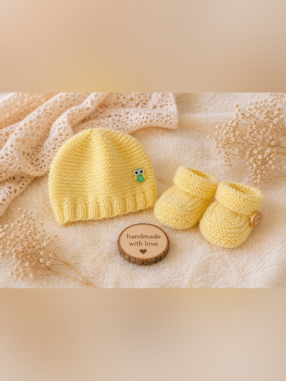 Handmade Yellow Knit Baby Hat & Booties Set